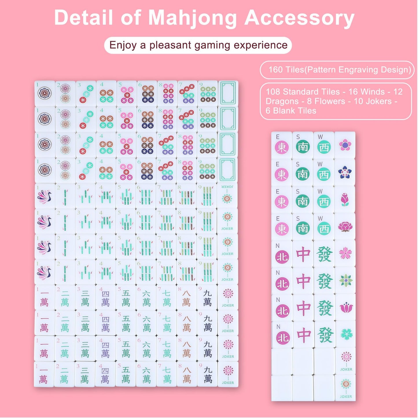 Arrowbash American Mahjong Set - 160 Hand Carved Tiles, 1.2" Size, Pink, Model TEA-Arrowbash-3136 for Social Parties and Gifts