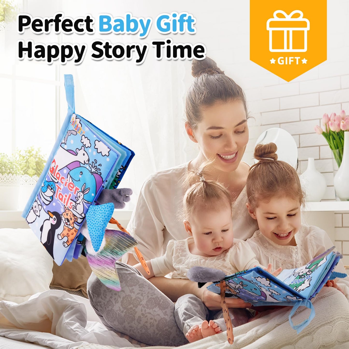 Jollybaby Baby Cloth Books, Touch & Feel Crinkle Soft Books, For Infants Babies, Toddler Early Educational Interactive Stroller Toys, Baby Girl & Boy Gift(Glacier Tails)