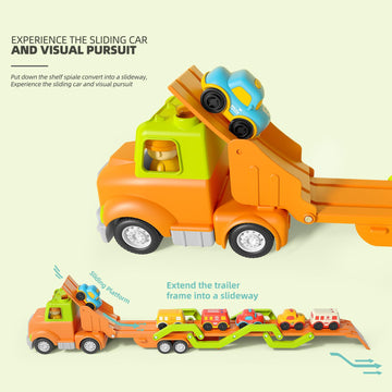 Wanborns Car Toys for Kids 2-5 Years, Transport Car Carrier Truck with 6 Vehicles, 30in Foldable Track, Light & Sound Effects