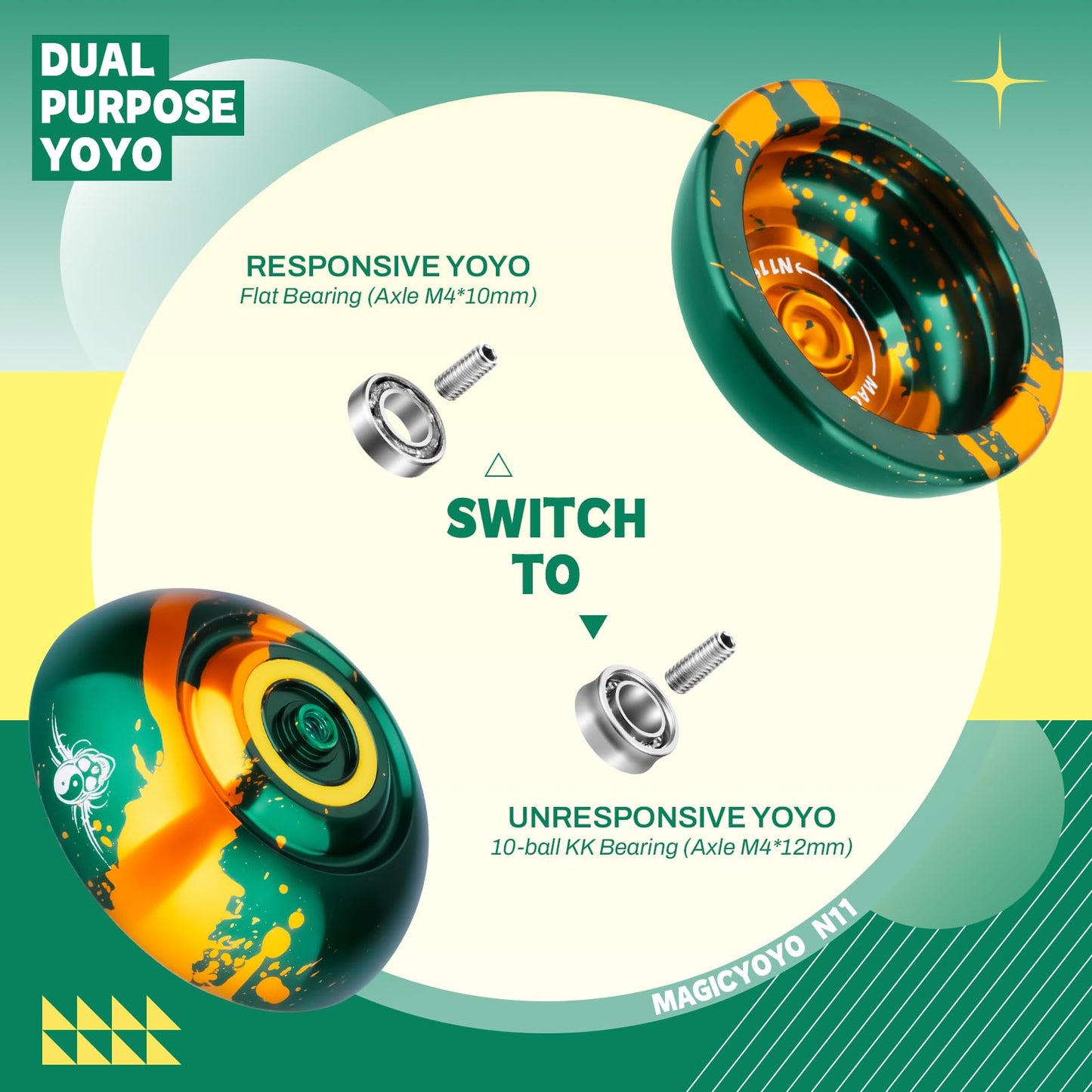 Magicyoyo Dual Purpose Yoyo N11 - Responsive Yoyo For Kids 8-12 Or Above & Unresponsive Yoyo For Advanced With Yoyo Glove + Bag + Unresponsive Bearing Kit + 12 Yoyo Strings - Green Golden