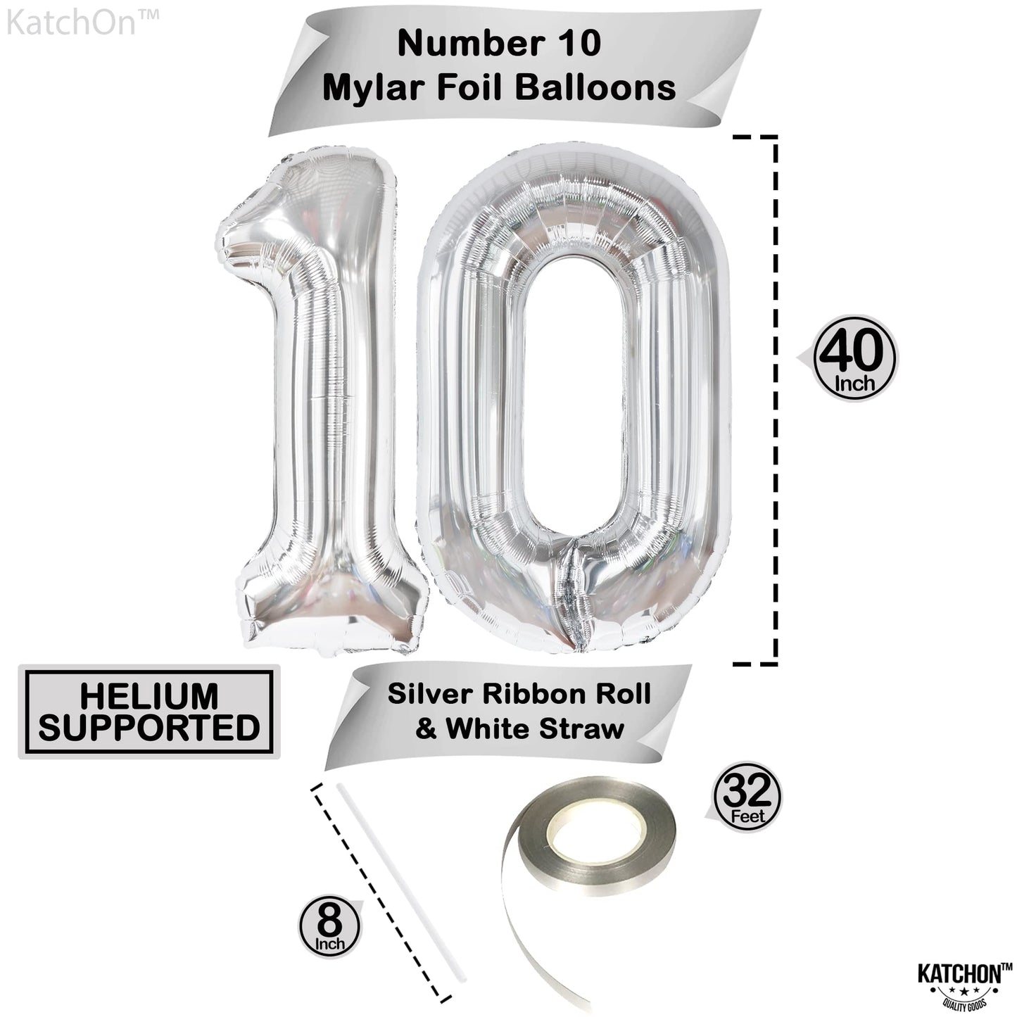 Katchon Silver 10 Balloon, 40 Inch - Birthday Decorations For Boys & 10 Year Anniversary