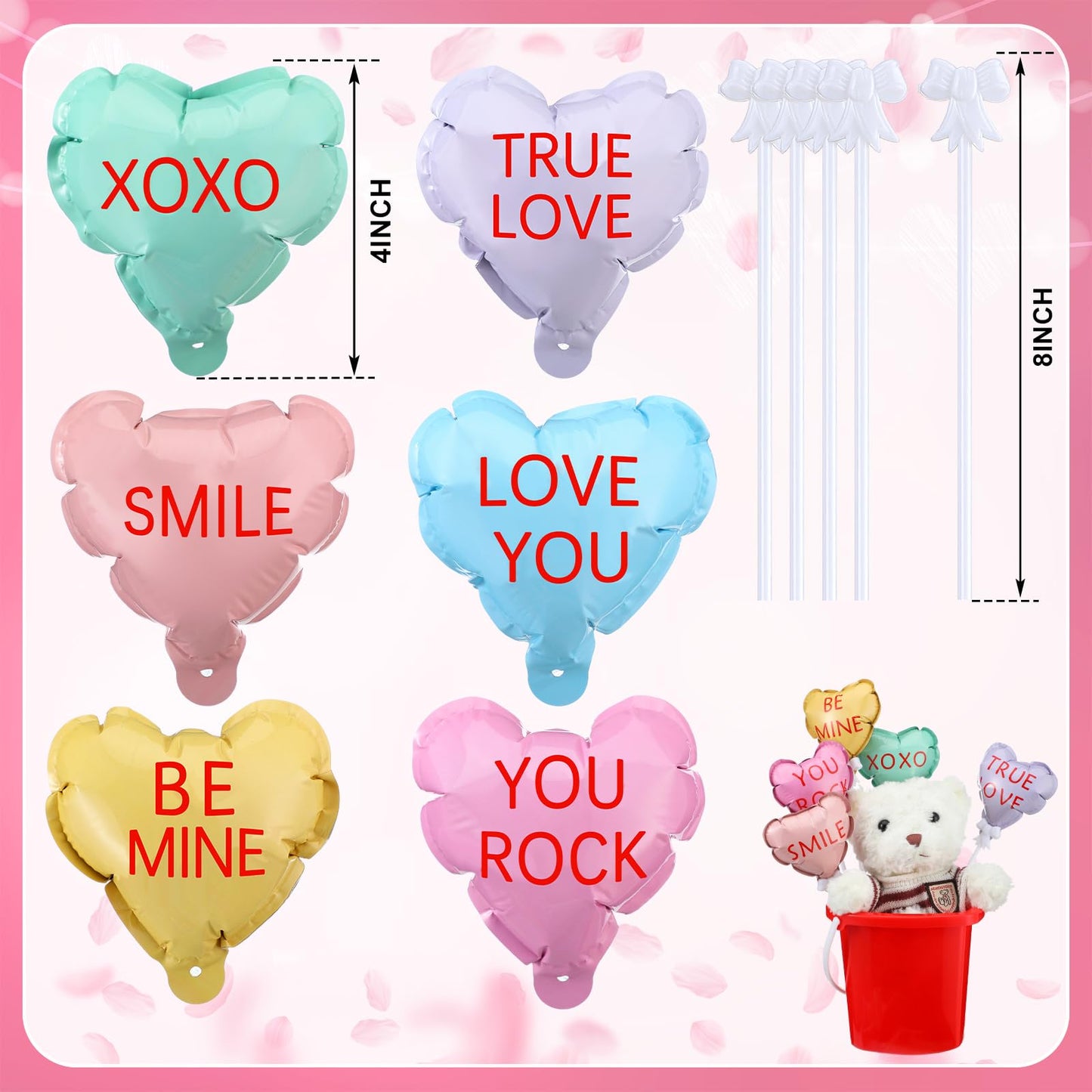 Gemscream 24 Pcs Valentines Day Conversation Heart Balloons Self Inflatable Heart Balloons with Bow Rod 4 Inch Mini Valentine D