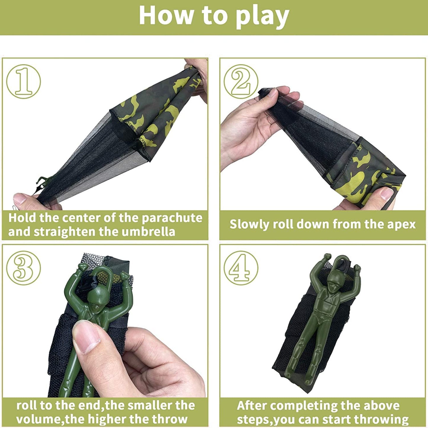 NANASO Parachute Toy  No Tangle Throw tossing Parachute Men  Outdoor Children's Paratrooper Toy  Hand Throw Parachute Army Man (Red Yellow Blue Rose Red Orange Green Army Green Camouflage)