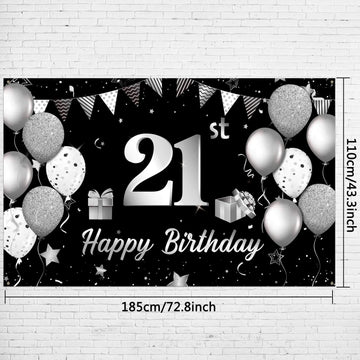 Blulu Extra Large 21st Birthday Backdrop Banner, Silver Polyester, 72.8 x 43.3 Inch, Model Blulu-Backdrop Banner-35