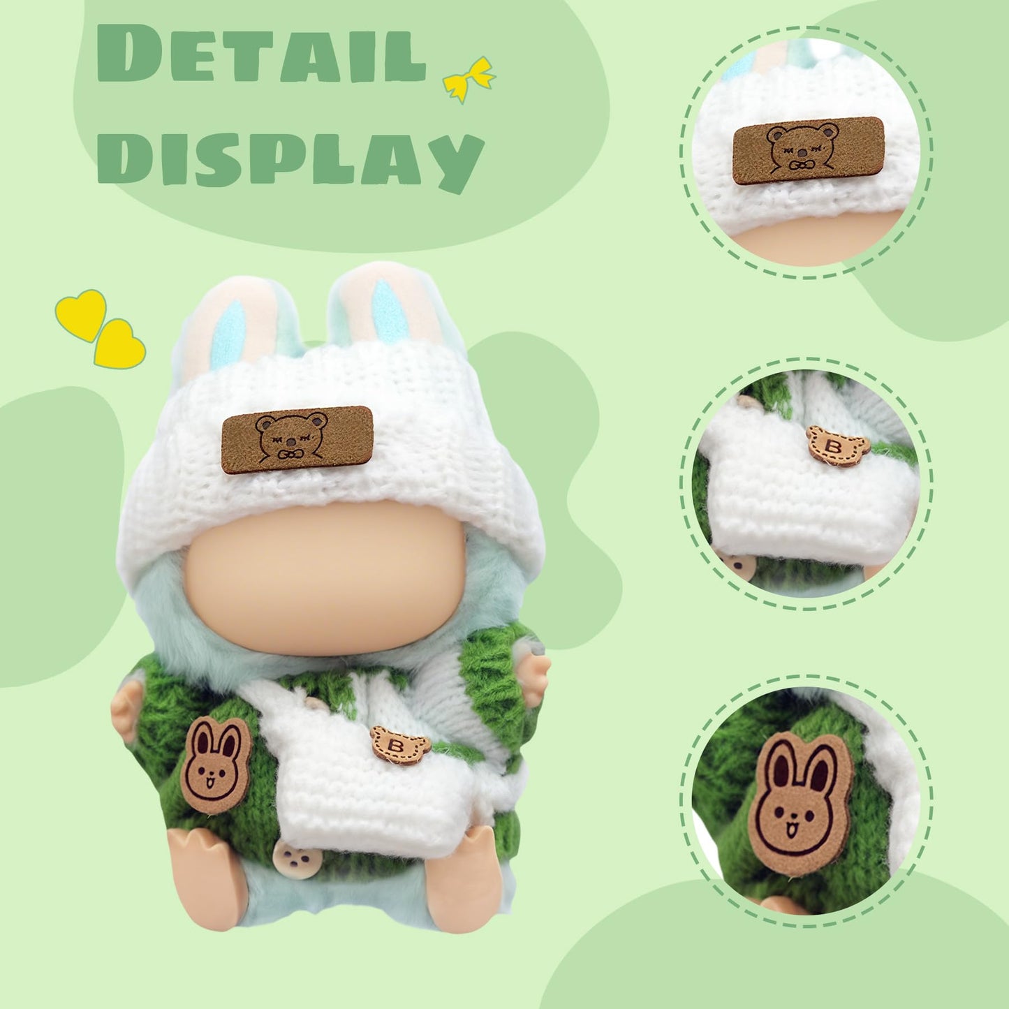 Clothes for 17cm Dolls (NO Doll)  Handcrafted Crochet Outfits for 17cm Doll with Accessories  Boy and Girl 5-Piece Clothes Set  Cute Stylish Clothing with hat and Bag for Dolls Dress up (Green)