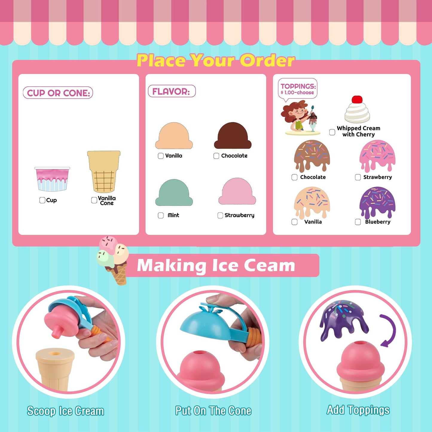 Ice Cream Counter Playset for Kids, Ice Cream Shop Toys, Pretend Play Toys, Play Food Scoop and Serve, Toddler Girls and Boys Ag
