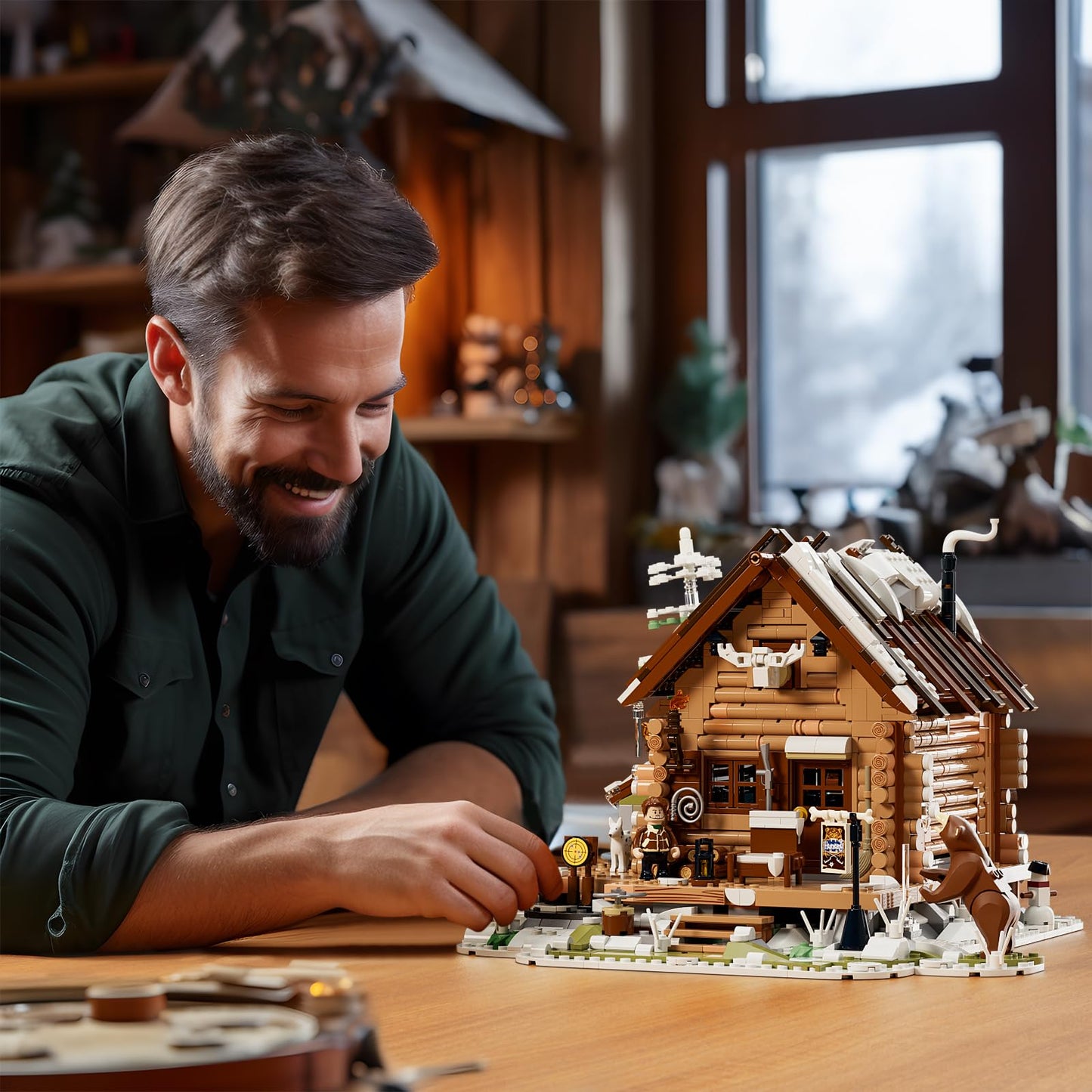 Funwhole Hunting-Cabin Lighting Building-Bricks Set - Retro Wooden Cabin Led Light Construction Building Model Set 2036 Pcs For Adults And Teen