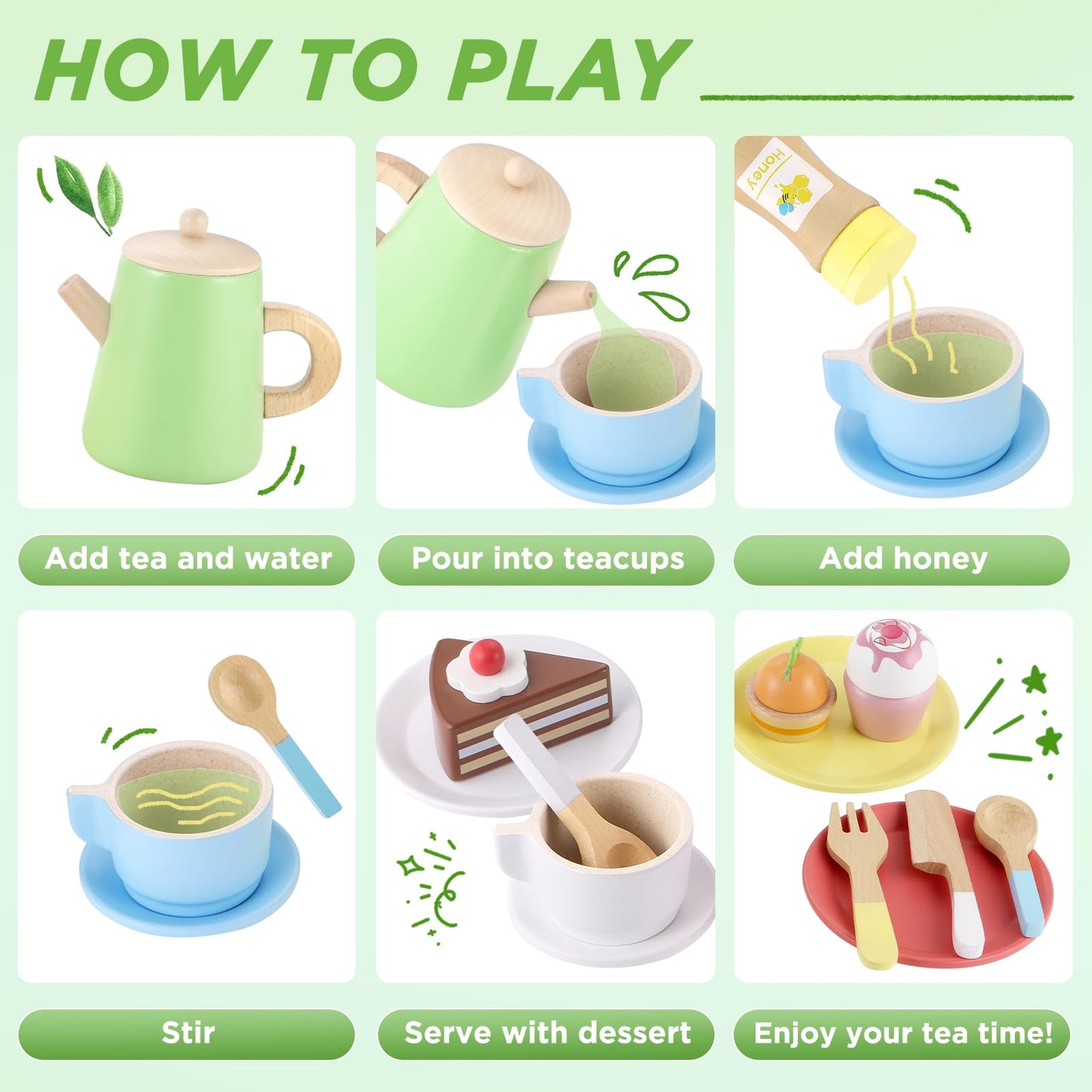 Gagaku Wooden Tea Set And Wooden Play Dishes 2 In 1 Play Food Set Toy 28 Pcs Montessori Wooden Play Kitchen Accessories Kitchen