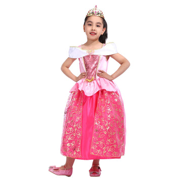 Spunicos Girls Aurora Sleeping Beauty Princess Dress With Tiara,Pink Princess Fancy Dress 5-6Years