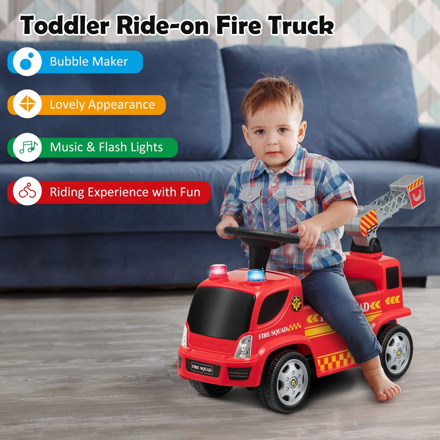 Costzon Kids Ride On Fire Truck, Ride On Push Car With Ladder Bubble Maker, Headlights, Siren Sounds & Music, Foot-To-Floor Sliding Car For Toddlers, Gift For Boys Girls Aged 18-36 Months