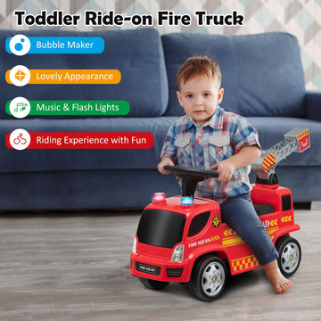 Costzon Kids Ride On Fire Truck, Ride On Push Car With Ladder Bubble Maker, Headlights, Siren Sounds & Music, Foot-To-Floor Sliding Car For Toddlers, Gift For Boys Girls Aged 18-36 Months