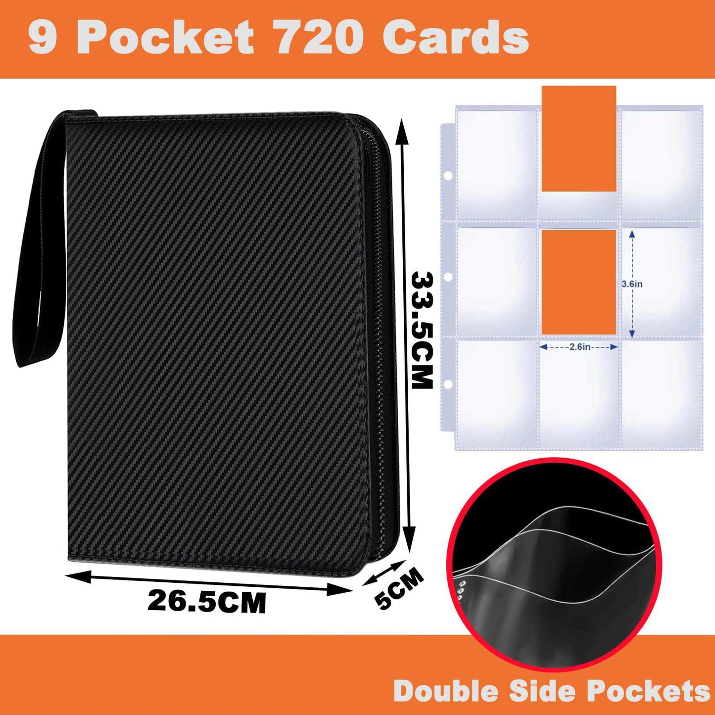 Card Binder 9 Pocket enhanced Zipper Trading Card Album 720 Cards Folders for Collectible MTG TCG Sports Cards Binder (Dark Black)