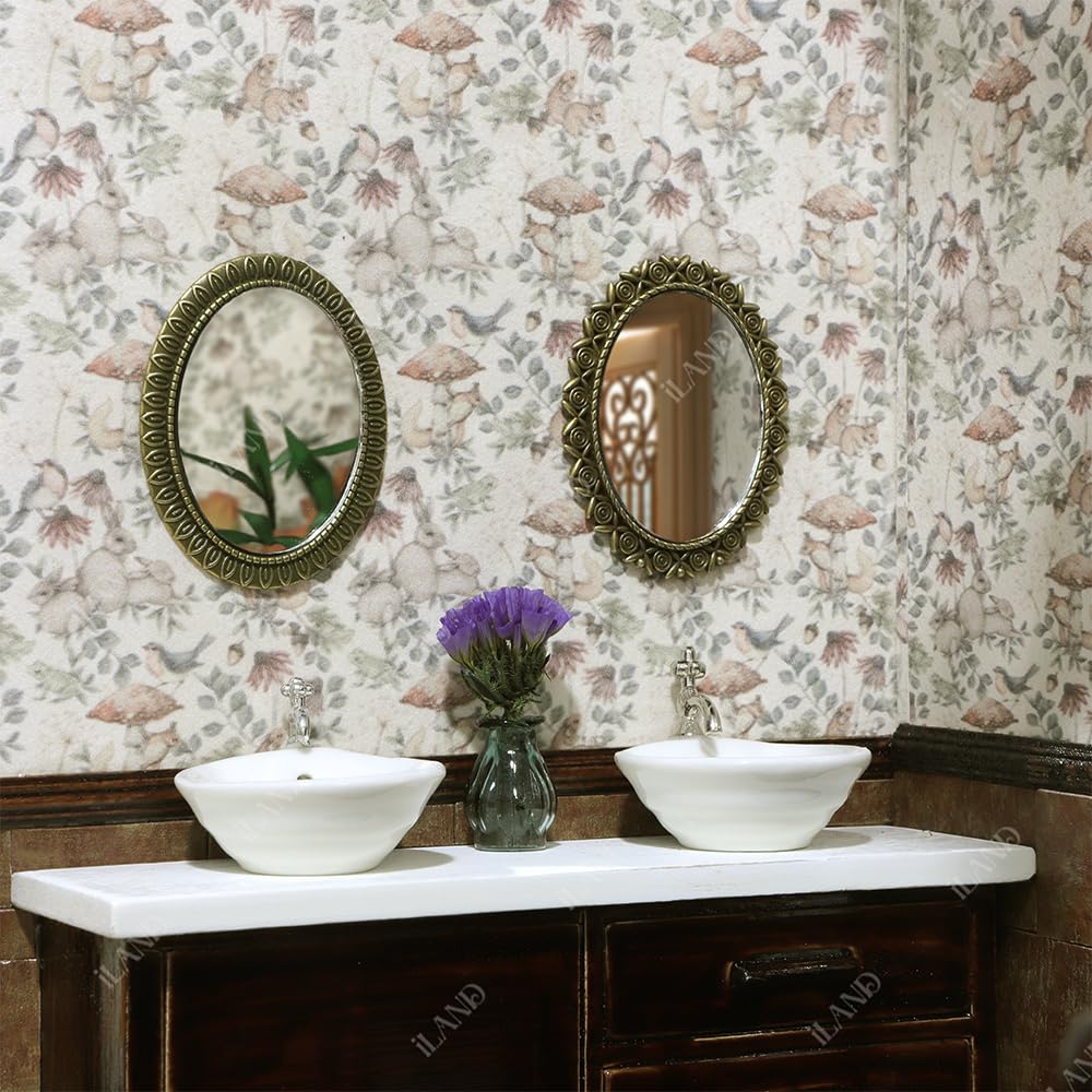 iLAND Dollhouse Mirrors, Miniatures Dollhouse Accessories on 1:12 Scale, Metal Framed Glass Mini Mirror w/Rose & Sunflower Patte