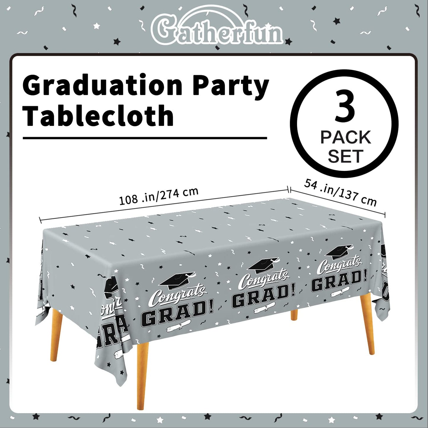 Graduation Party Decorations, Gongrats Grad Tablecover For Graduation Party Supplies, 3 Pcs Silver Table Cloths, 54''X108''