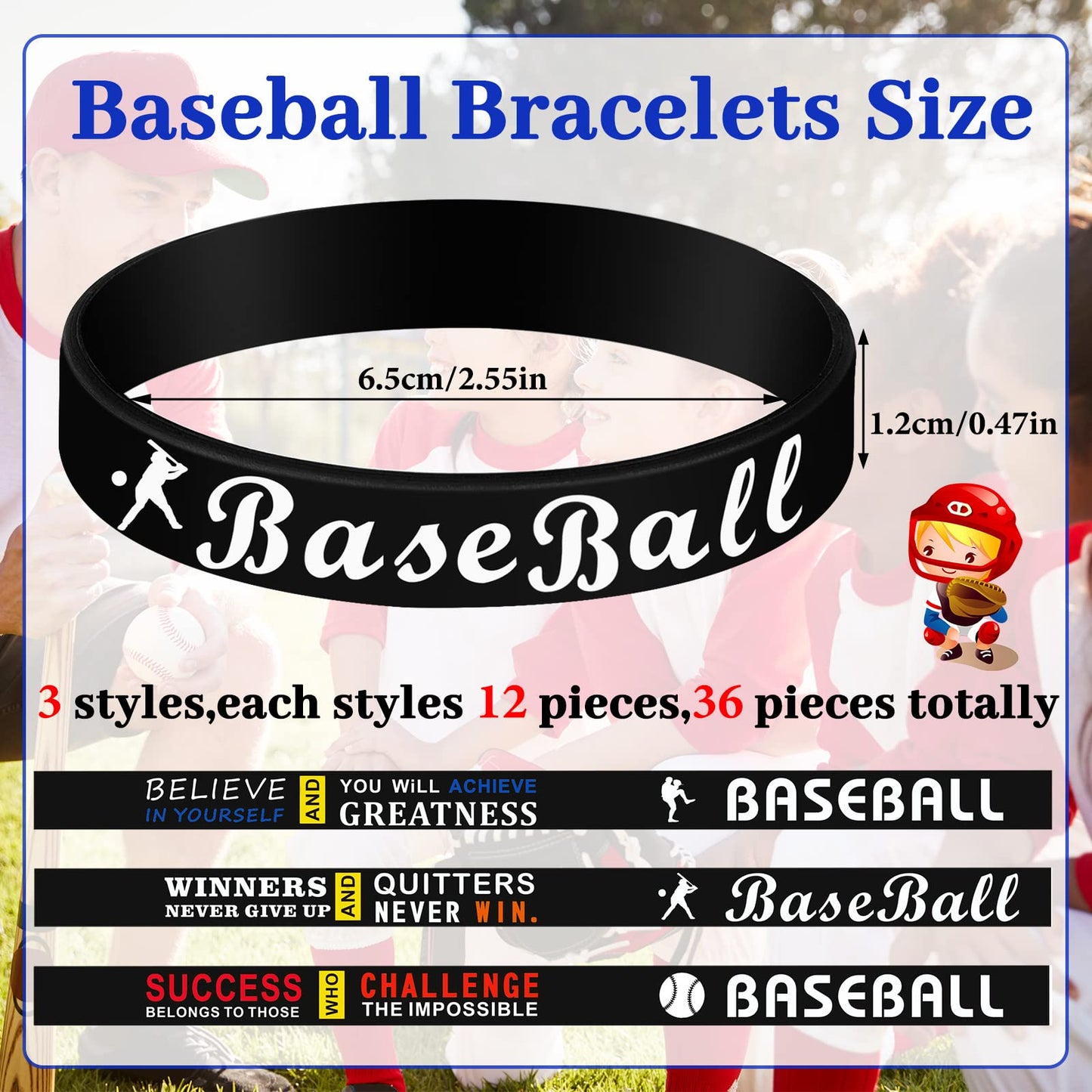 Deekin 36 Pcs Baseball Motivational Silicone Wristband Bracelets Baseball Party Favors Gifts Sports Prizes Birthday Party Suppli