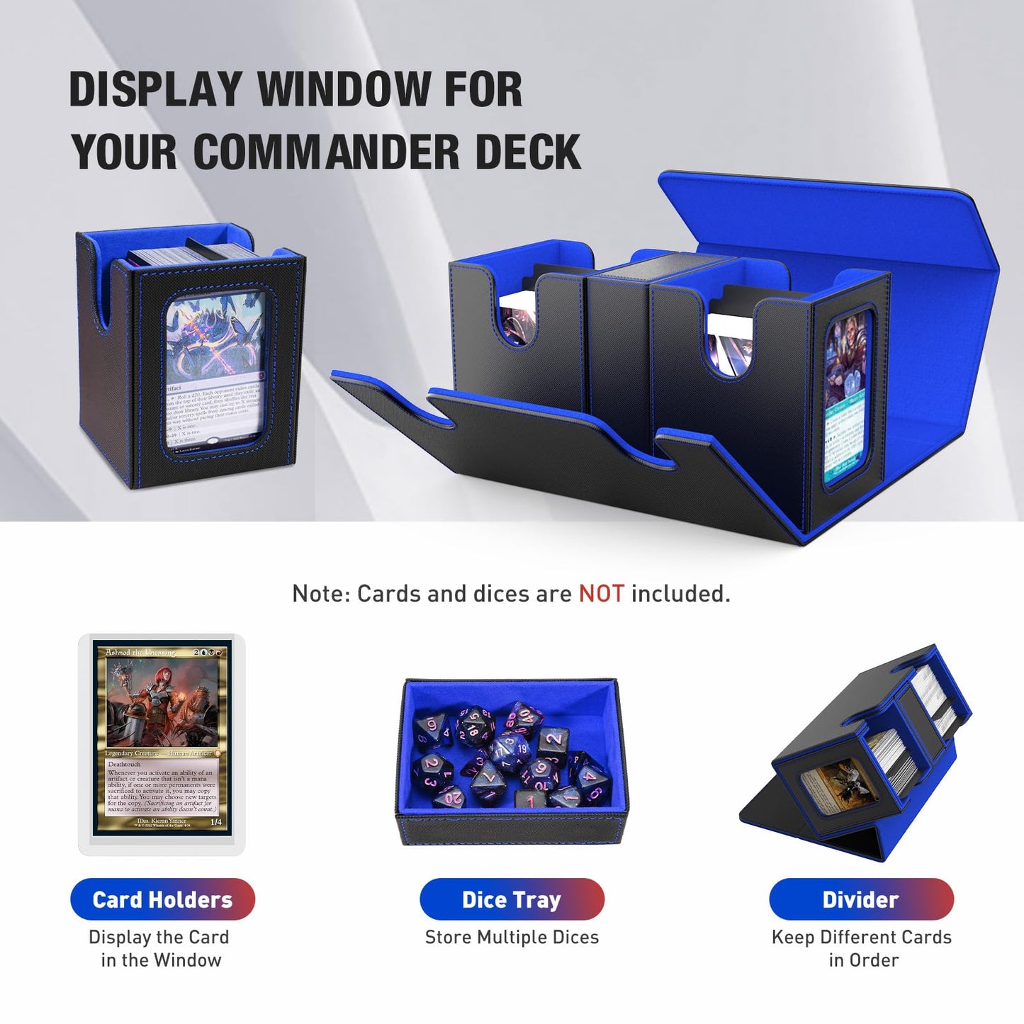 TiMOVO MTG Deck Box  Commander Deck Case Fits 200+ Double-Sleeved Cards  Magnetic Leather Card Storage Box with 2 Commander Display & 4Dividers & Dice Tray Fit YuGiOh TCG CCG Magic Cards  Black+Blue