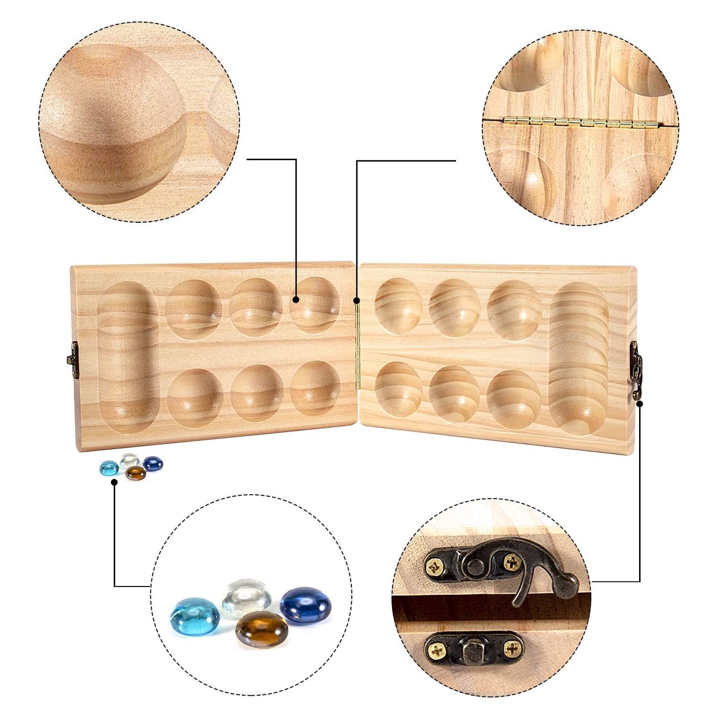 AMEROUS Wooden Mancala Board Game Set - Folding Design with 72+8 Multi Color Glass Stones - Portable Travel Game for Kids & Adults