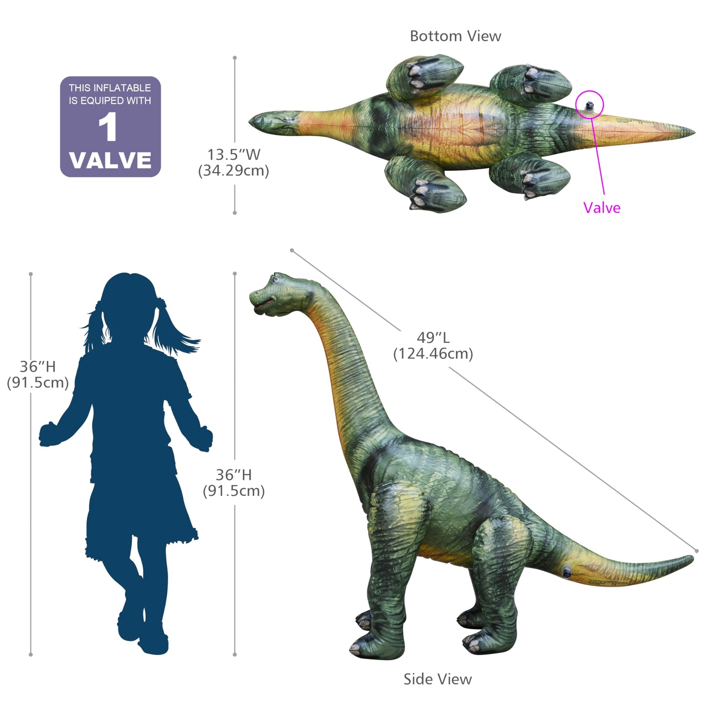 Jet Creations Brachiosaurus Inflatable Toy - 49" L x 36" H, Earthy Green, Phthalate-Free Vinyl, Ideal for Kids Ages 3+, Jurassic Party Decor