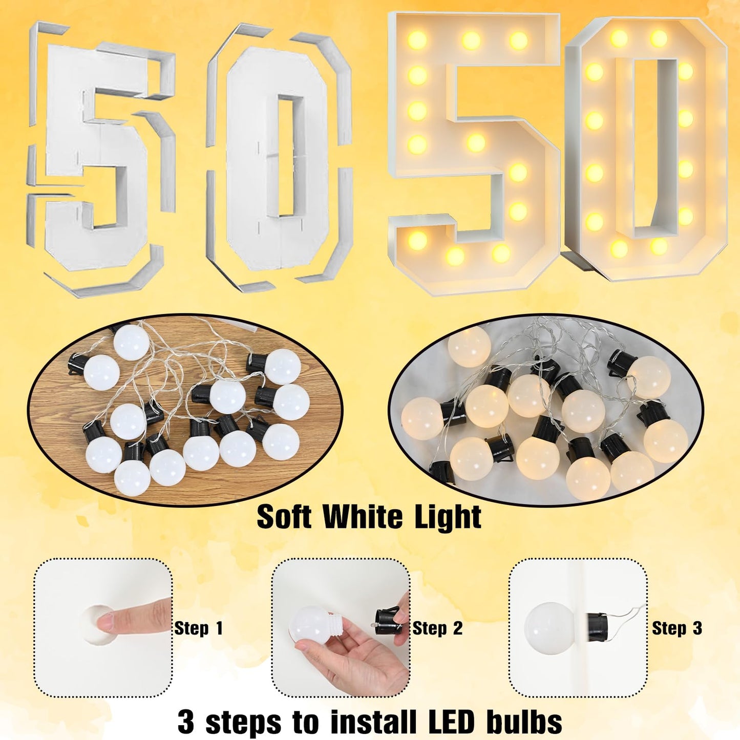 4Ft Light Up Numbers 50 Mosaic Numbers Marquee Frame With Slots For 50Th Birthday Party Large Cardboard With Light Bulbs Pre-Cut Kit Giant Cut-Out Thick Foam Board Sign Diy Decorations Anniversary