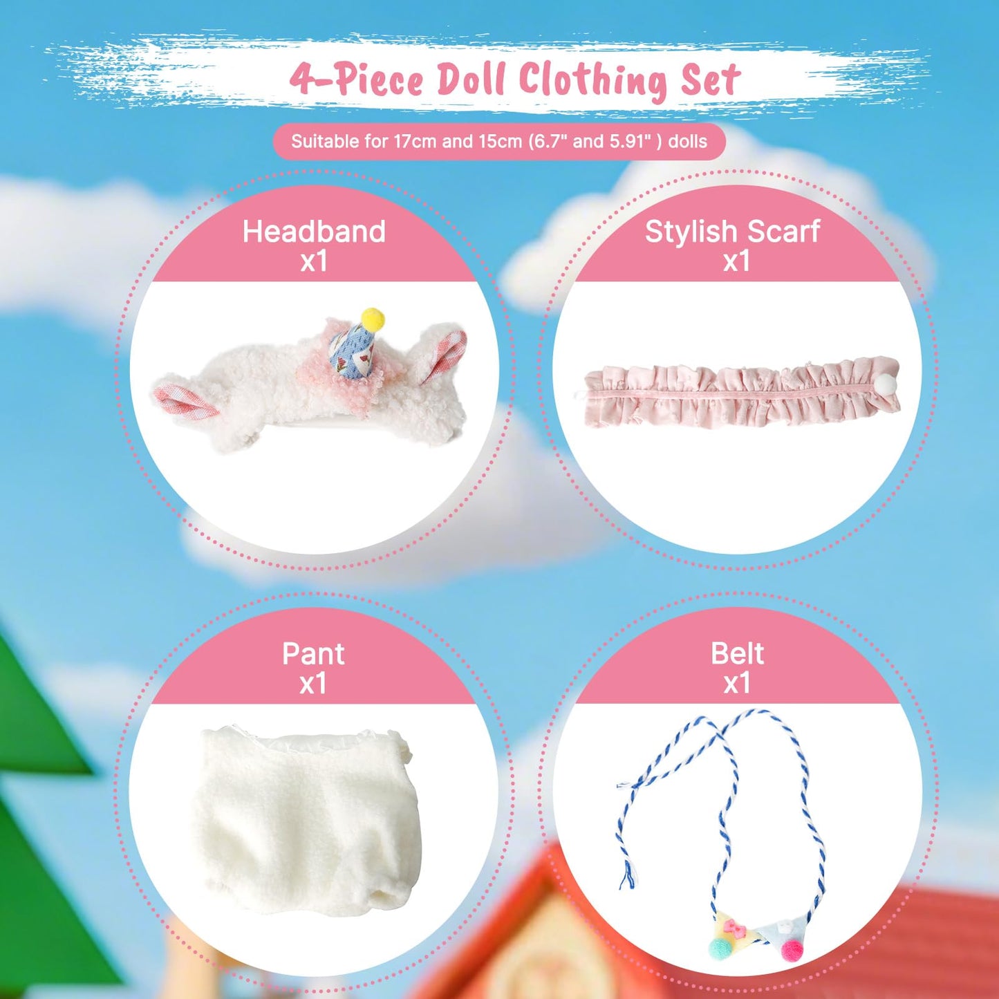 OCQOTAT 4 PCS Clothes for Doll- Clothes for 17cm Dolls Outfit Accessories Clothes +Headband + Scarf + Belt (No Doll)