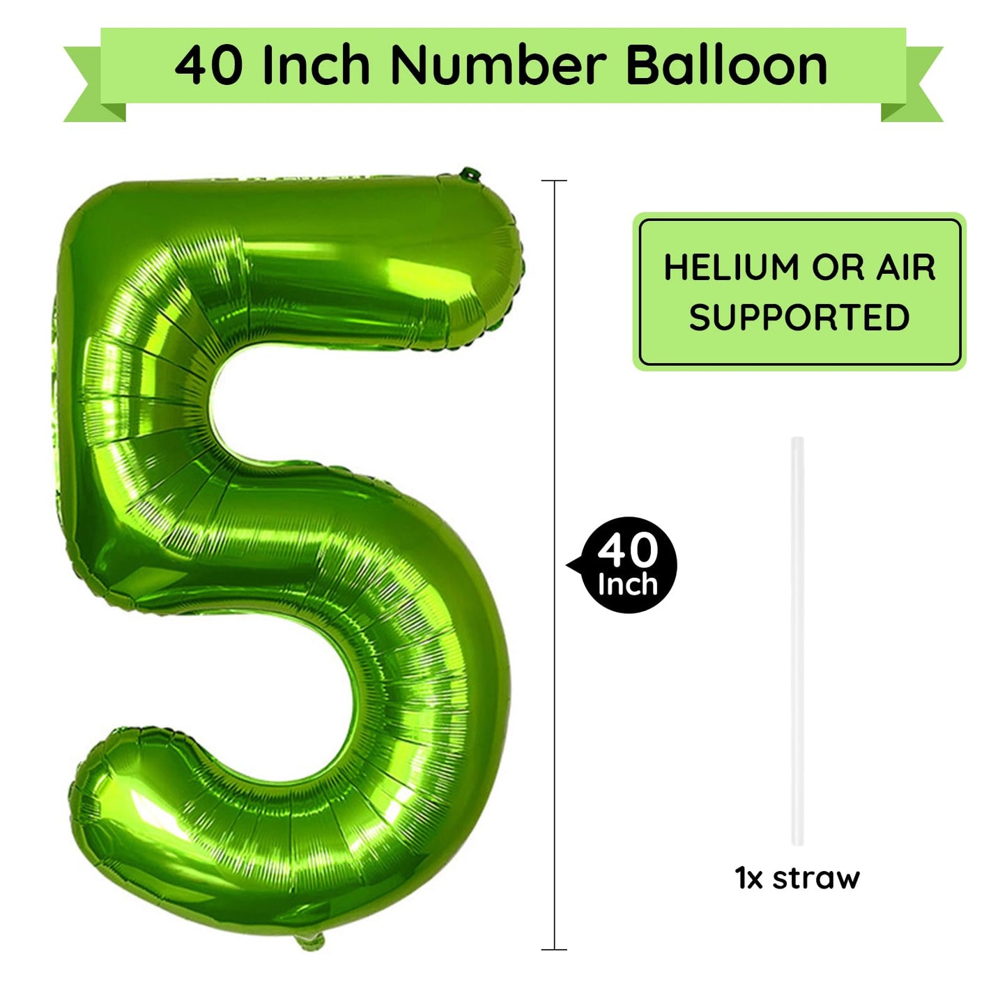 Paticool 40 Inch Green Number Balloon 5, Large Number Foil Balloons Mylar For Girl Boy Birthday Party Celebration Decorations Su