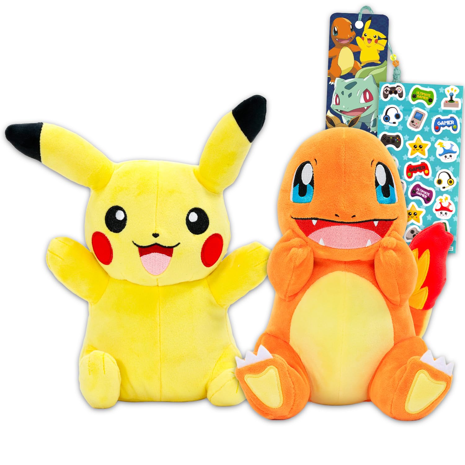 Pokemon Plushie 2 Pack - Bundle with 2 Plush 8 Figures Featuring Pikachu and Charmander Plus Bookmark, Stickers | Pokemon Stuffe