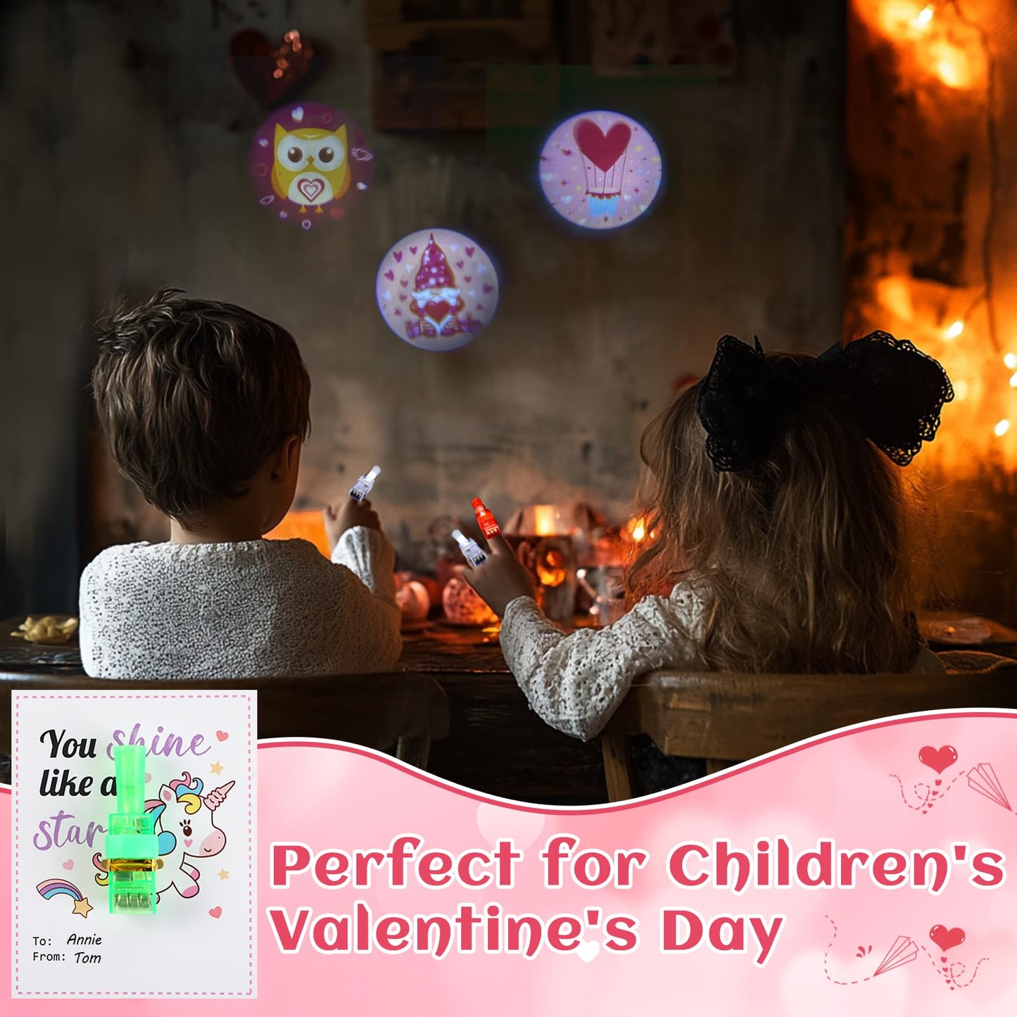 Aulock Valentine'S Day Gifts For Kids - 24 Pcs Led Projection Finger Lights, Valentine'S Day Greeting Cards Party Favors Glow To