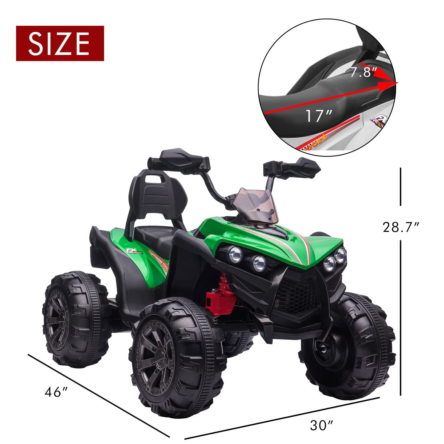 OTTARO Ride on ATV 2 Seater, 12V 4 Wheeler Electric Quad for Kids 3-8 w/ 17 Length Seat, LED Lights, 2 Speeds, Soft Braking, Rea