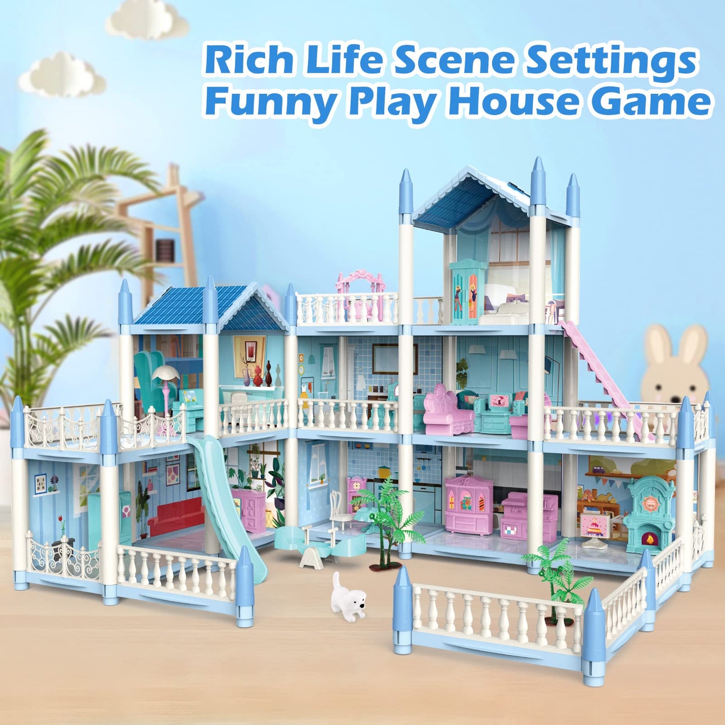 Deao Dollhouse For Girls - 3 Story 11 Rooms Diy Building Pretend Play House With Accessories Furnitures With Outdoor Space Open Sided Princess Castle Playset For Girls Kids