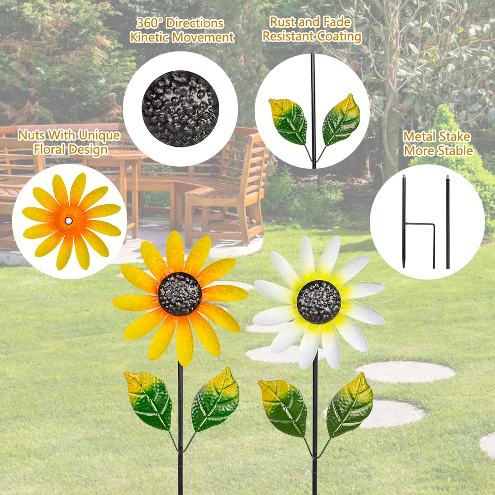 Venniy Metal 2Pack Garden Wind Spinners, Rust Resistant, Floral Design, Yellow And White, 9 X 29 Inches