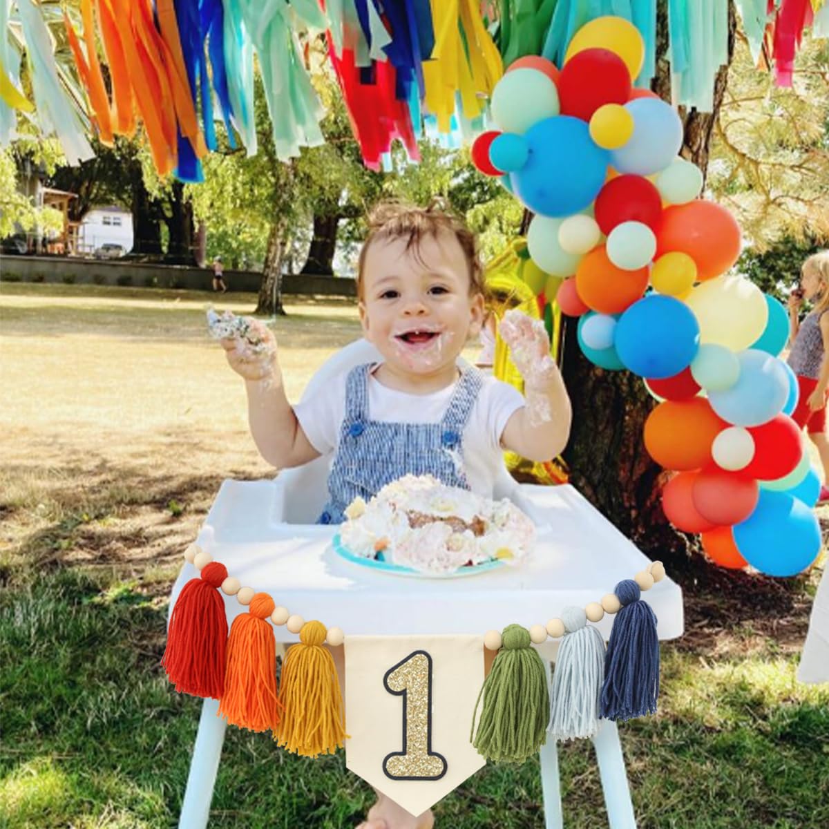 Ereniko Handmade Rainbow 1st Birthday High Chair Banner Party Decoration for Girl Baby Wall Hangings Decorative Happy One Birthd