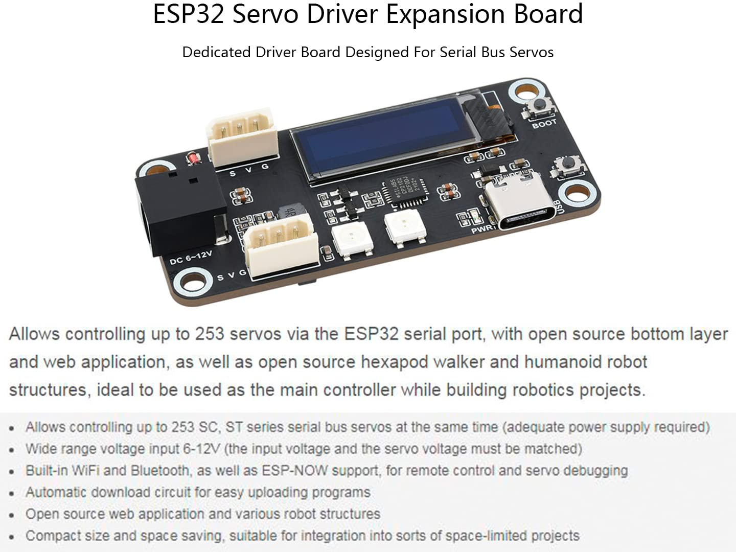Esp32 Servo Driver Expansion Board, Built-In Wifi And Bluetooth, Uart Serial Bus Control Up To 253 Servos Via Esp32 Serial Port