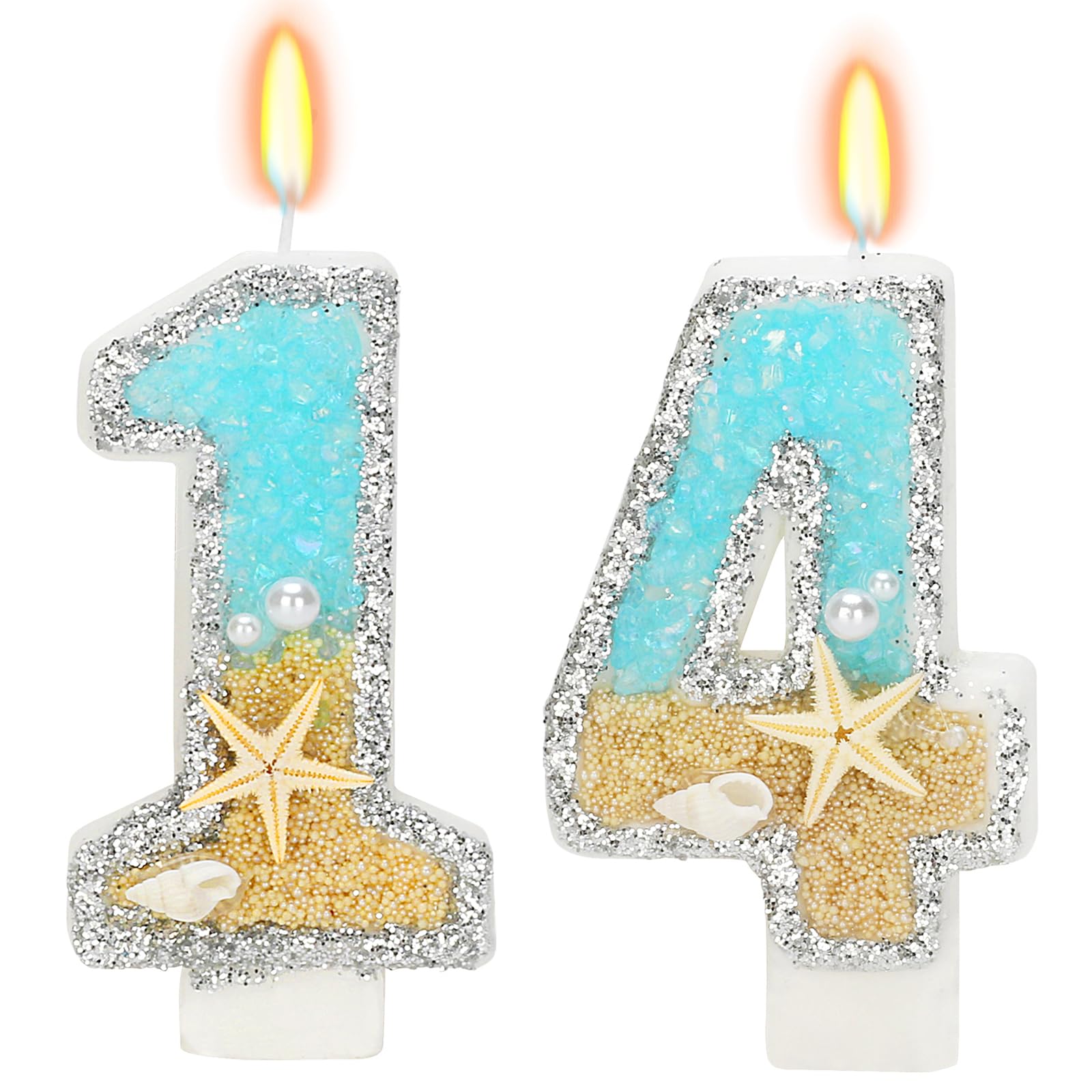ElekFX 14th Birthday Candle for Cake, Beach Starfish Sequins Number Cake Candles, 2.76 inch Number 14 Happy Birthday Candle, Cak