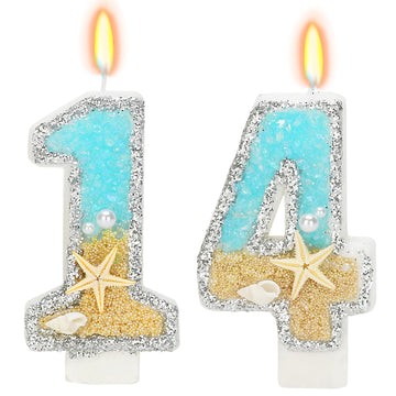 ElekFX 14th Birthday Candle for Cake, Beach Starfish Sequins Number Cake Candles, 2.76 inch Number 14 Happy Birthday Candle, Cak