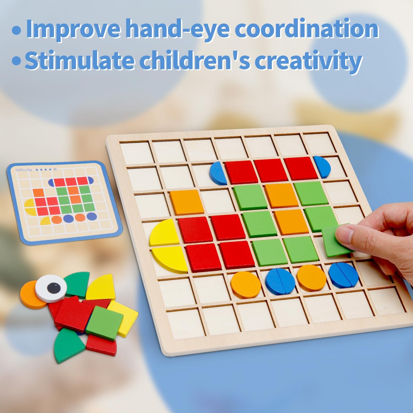 Zycolo Montessori Tangram Educational, Geometric Shapes Puzzle Toys with 120Pcs Wooden Puzzle Blocks and 20Pcs Cards, Colorful P