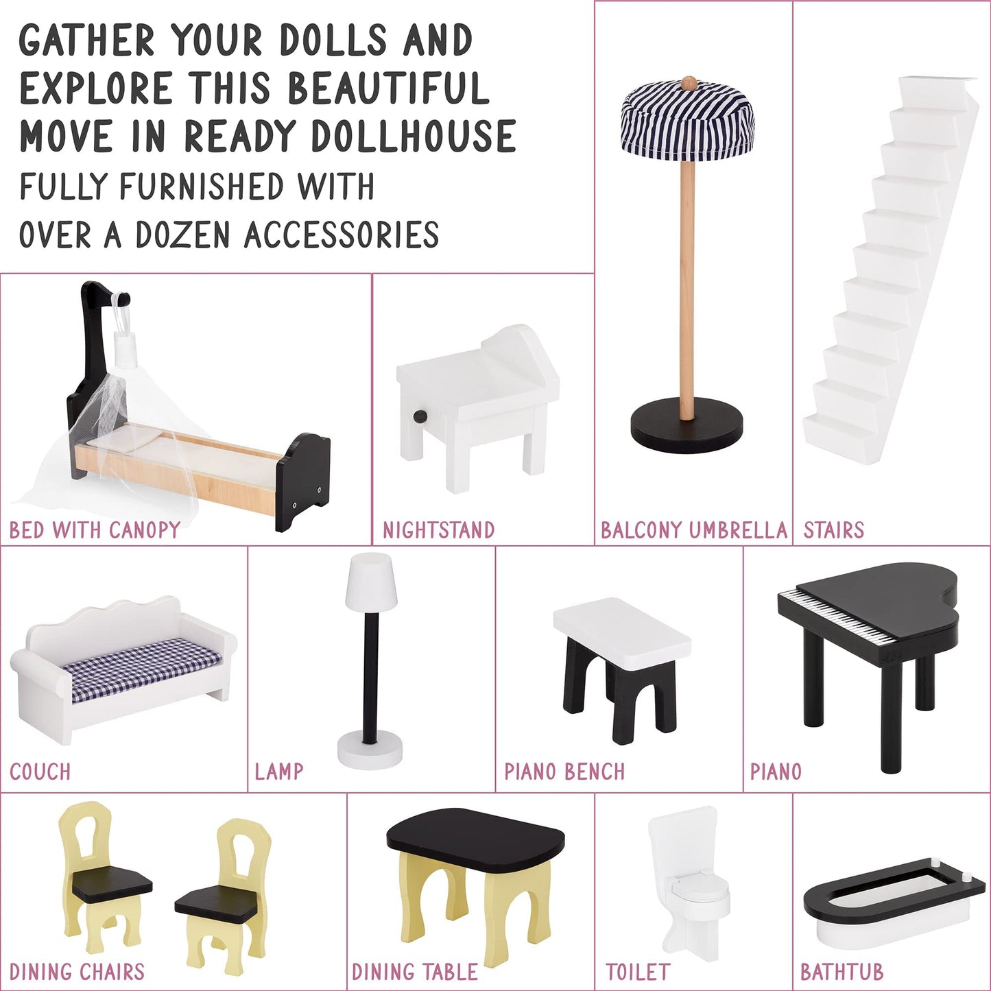 Lil' Jumbl Kids Wooden Dollhouse, With Elevator, Balcony & Stairs, Accessories & Furniture Included X-Large 3 Story Easy To Assemble Doll House Toy