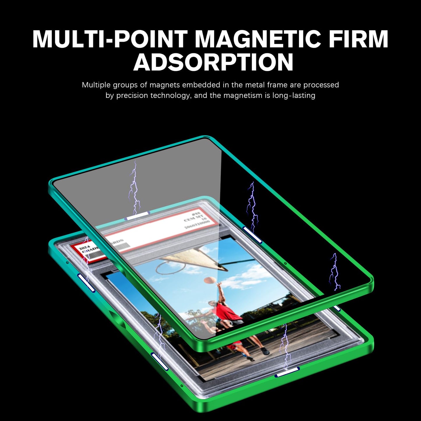 Magenetic Trading Card Slab Protector - enhanced Aluminum Graded Card Showcase  Graded Slab Protector with UV-Resistant Tempered Glass  Personalized Slab Bumper for Collectors  Gradient green