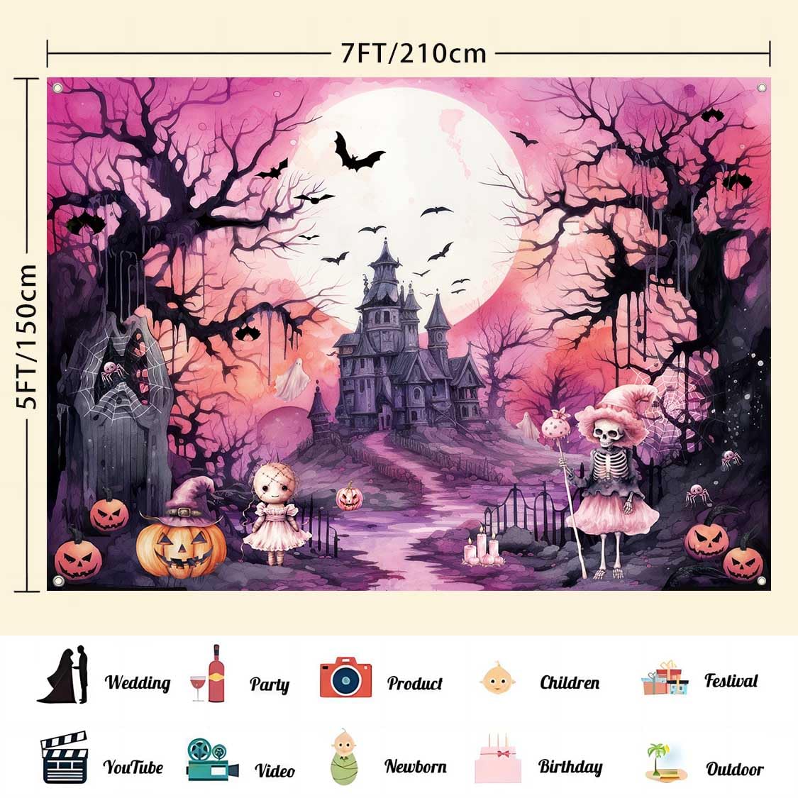 LDWLYW Pink Halloween Photography Backdrop Large Happy Birthday Halloween Banner Background Haunted House Witch Halloween Party