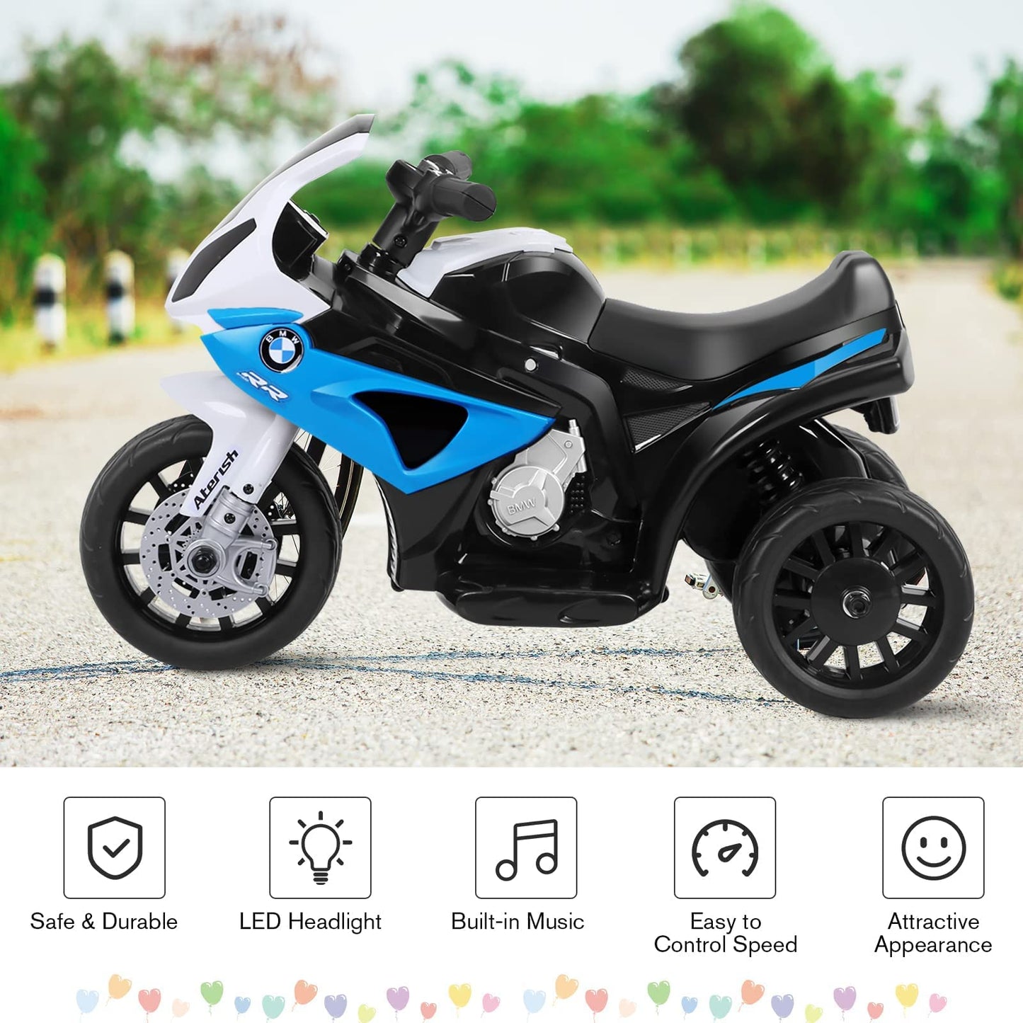 OLAKIDS Kids Ride on Motorcycle, 6V Licensed BMW Electric Motor with Music, Foot Pedal, Headlight, Leather Seat Cushion, 3 Wheel