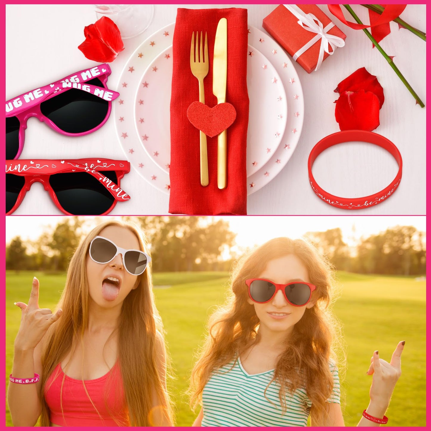 Soulchen 24 Pcs Valentines Day Gifts Bulk Pink and Red Sunglasses and Love Silicone Bracelet Galentines Day Party Favors Suppl