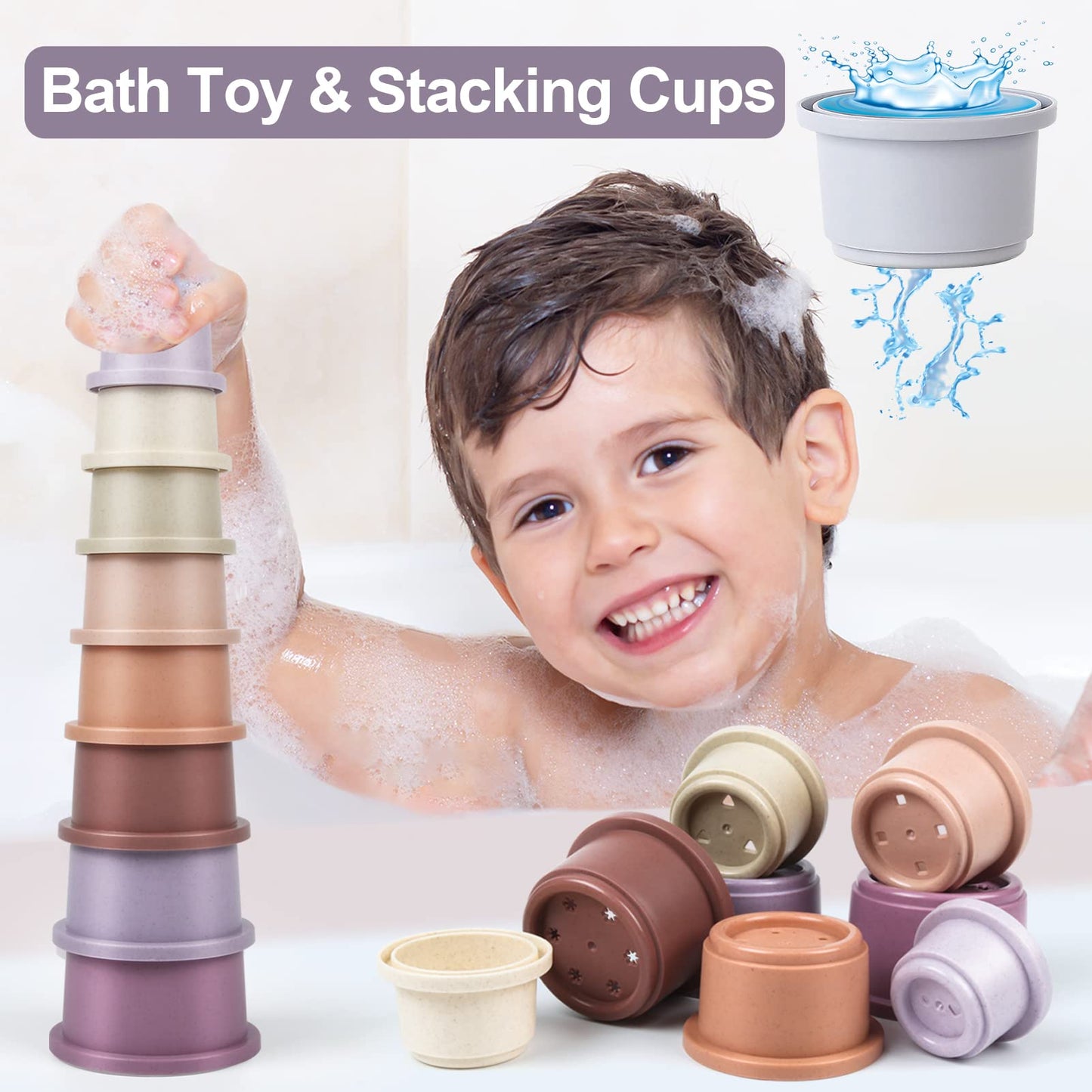 Baby Stacking Cup For Toddler 1-3, 8Pcs Counting Nesting Measuring Cups Set, Stackable Bath Toy For 6-12 Months Kids, Educationa