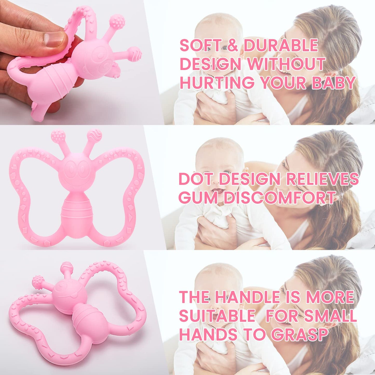Baby Teething Toys, Butterfly Design Teether Pain Relief Toy For Newborn Babies, Freezer Safe Neutral Shower Gift, Soft Textured