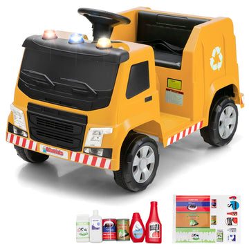 Olakids Ride On Car, 6V Recycling Garbage Truck Electric Vehicle With Music, Horn, Warning Lights, Recycling Accessories Included, Toddlers Battery Powered Trash Toy For Boys Girls (Yellow)