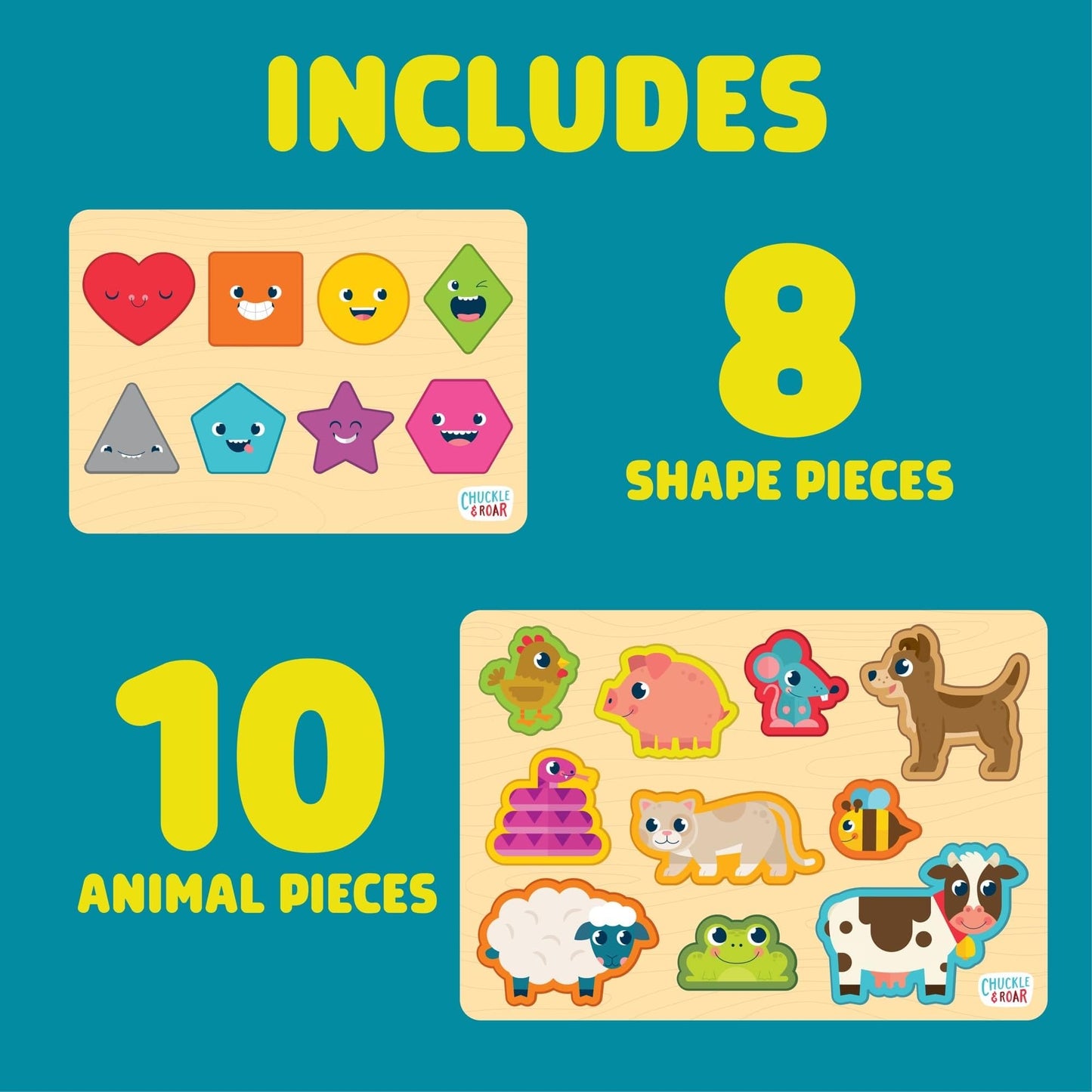 Chuckle & Roar Jigsaw Wooden Puzzles 2 Pack - Shapes & Animals - Educational for Toddlers 3+ - 13.25"x9.25" & 10.25