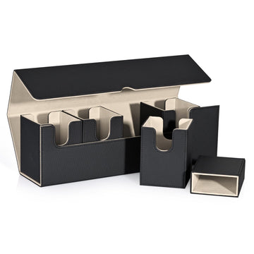 Uaono Card Deck Box With Dice Tray For Mtg, 5 In 1 Card Deck Case Holds 800+ Unsleeved Cards, Strong Magnet Card Organizer Compatible With Yugioh Tcg Sports Cards (Black Gold)
