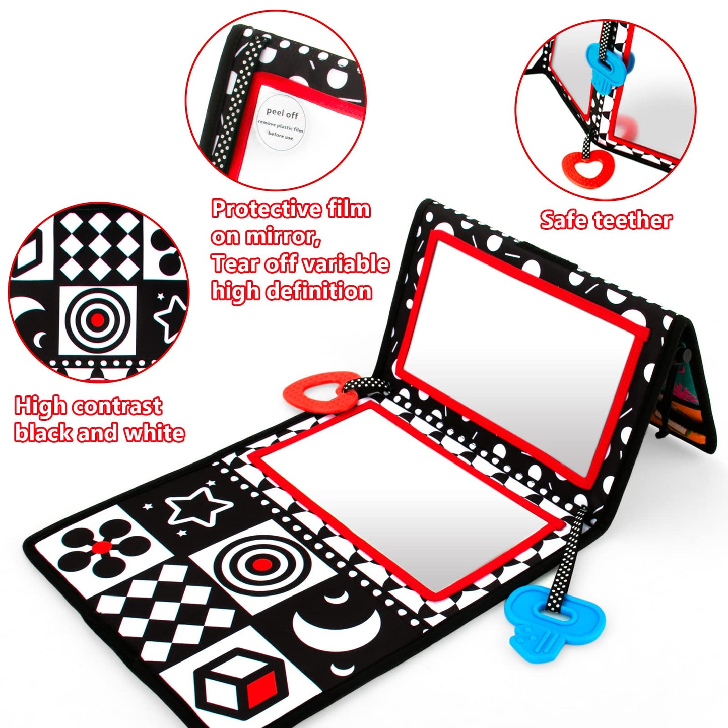 Teytoy Tummy Time Baby Mirror Toys,Black And White High Contrast Baby Tummy Time Toys, Double-Sided Baby Mirror Sensory Development Toys For Infants Newborn 0-6 Months