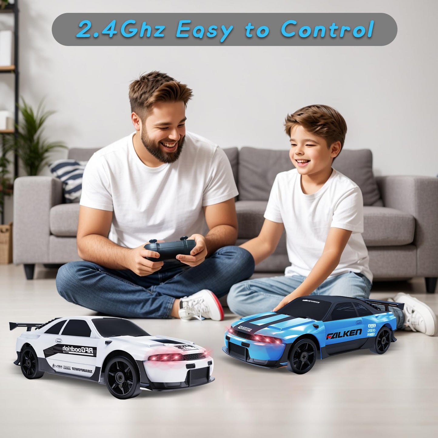 Yuan Plan 1/24 4Wd High Speed Rc Car With Led Light, Two Rechargeable Batteries And Drift Tires, Rc Car For Kids And Adults, Blu