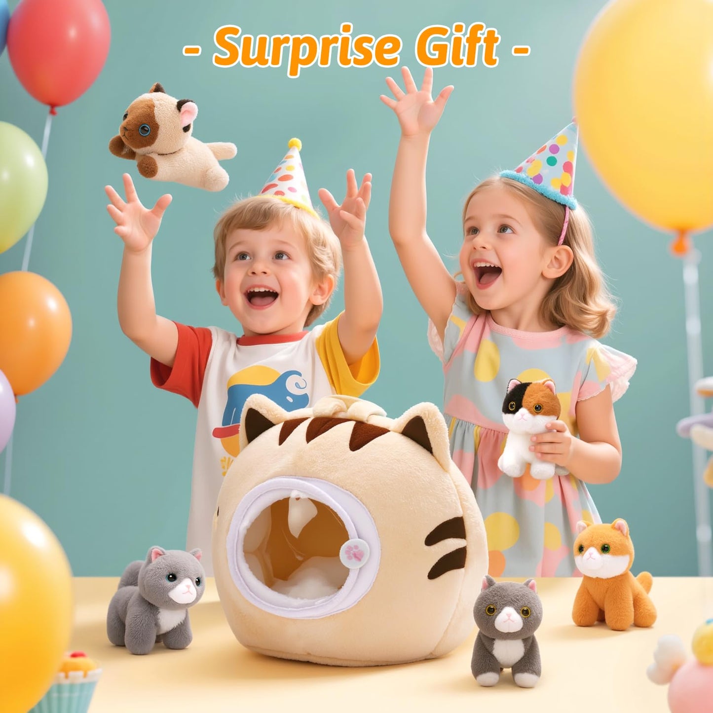 OUOZZZ Cat Stuffed Animal House – Plush Kitten Toy Set with 4 Soft Cats, Interactive, Portable Playset for Kids, Made of Polyester