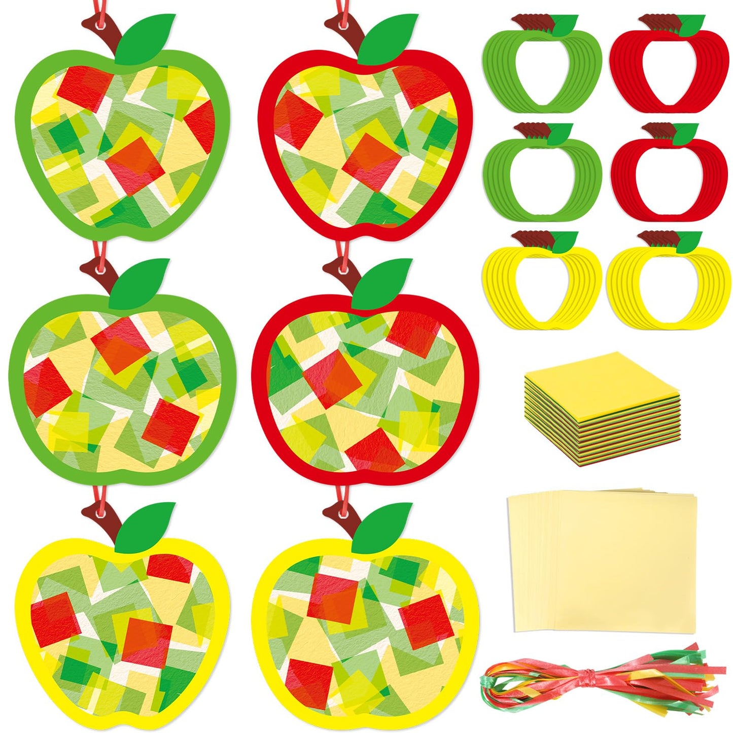 Qyeahkj 36 Set Thanksgiving Apple Suncatchers Crafts for Kids DIY Autumn Window Tissue Paper Craft Kit Hanging Decor for Classro