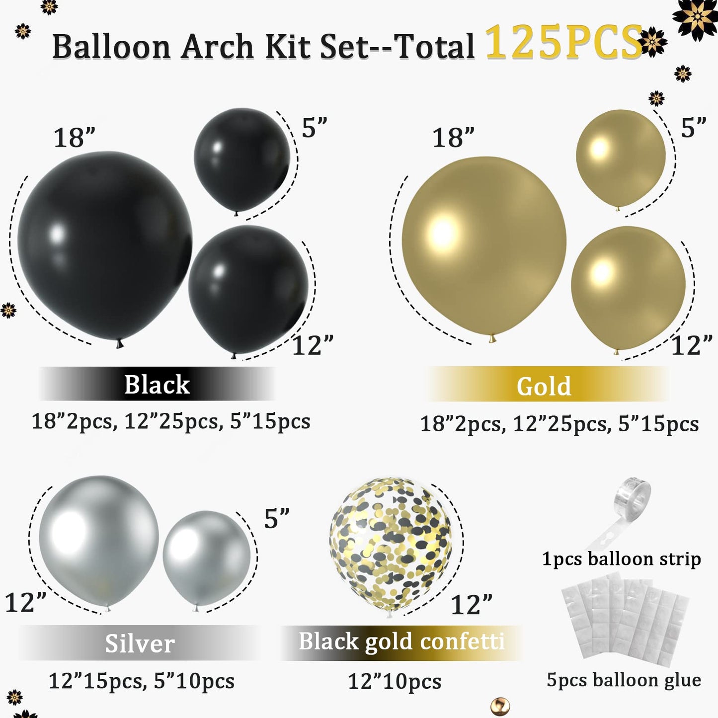 Black And Gold Balloons Arch Kit 125Pcs Metallic Gold Sliver Black Balloons 5/12/18 Inch Black And Gold Grad Balloon Garland Arc